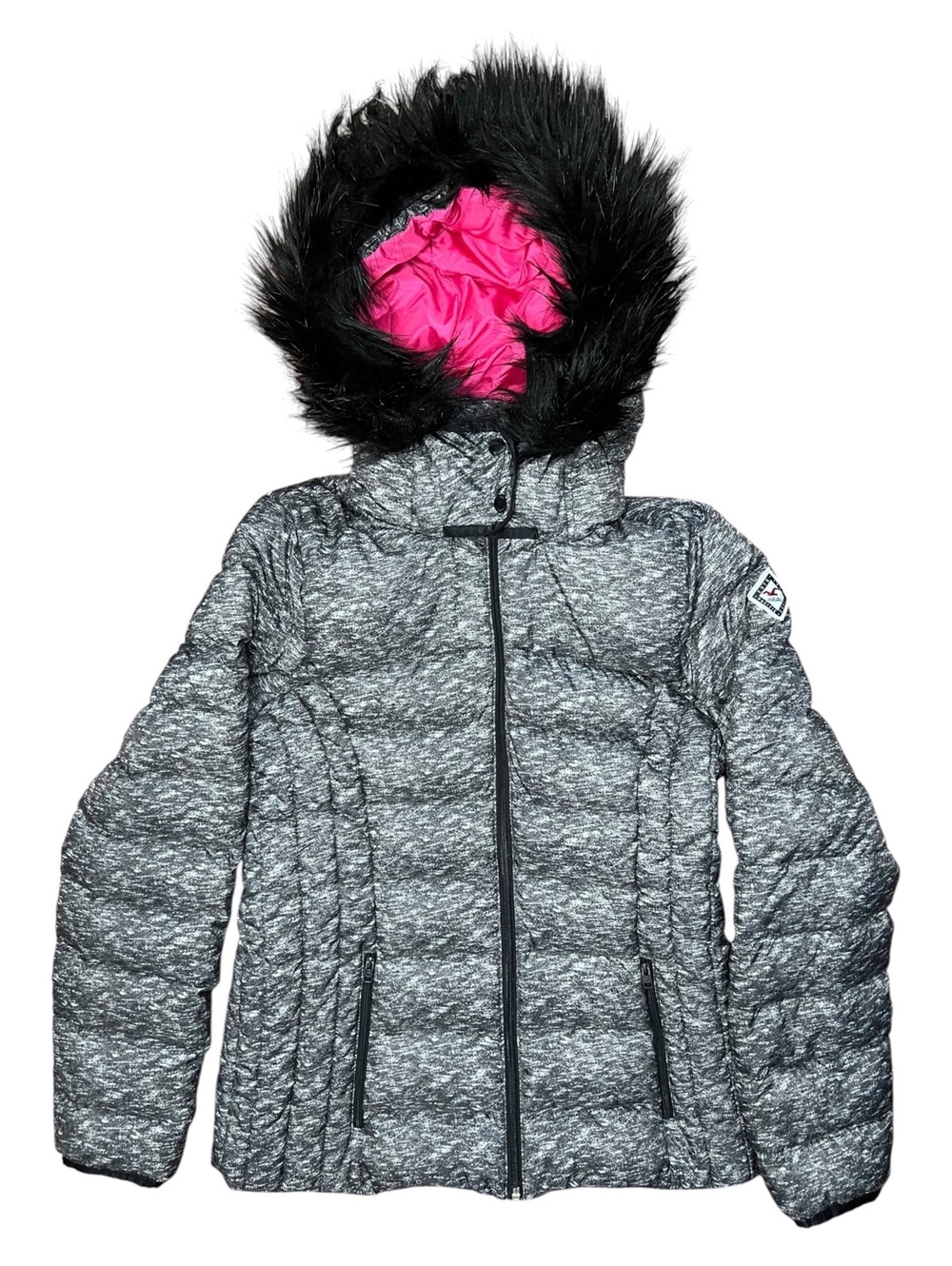 Y2K Rare Hollister Puffer Jacket Hot Pink Lining Heather Gray Faux Fur Hood L